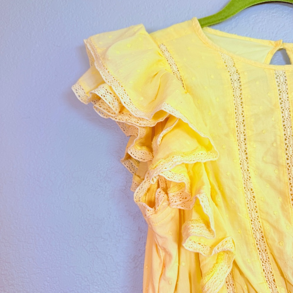 Japna Butter Yellow Swiss Dot Ruffled Cap Sleeve Lace Trim Tiered Mini Dress L - Picture 4 of 14